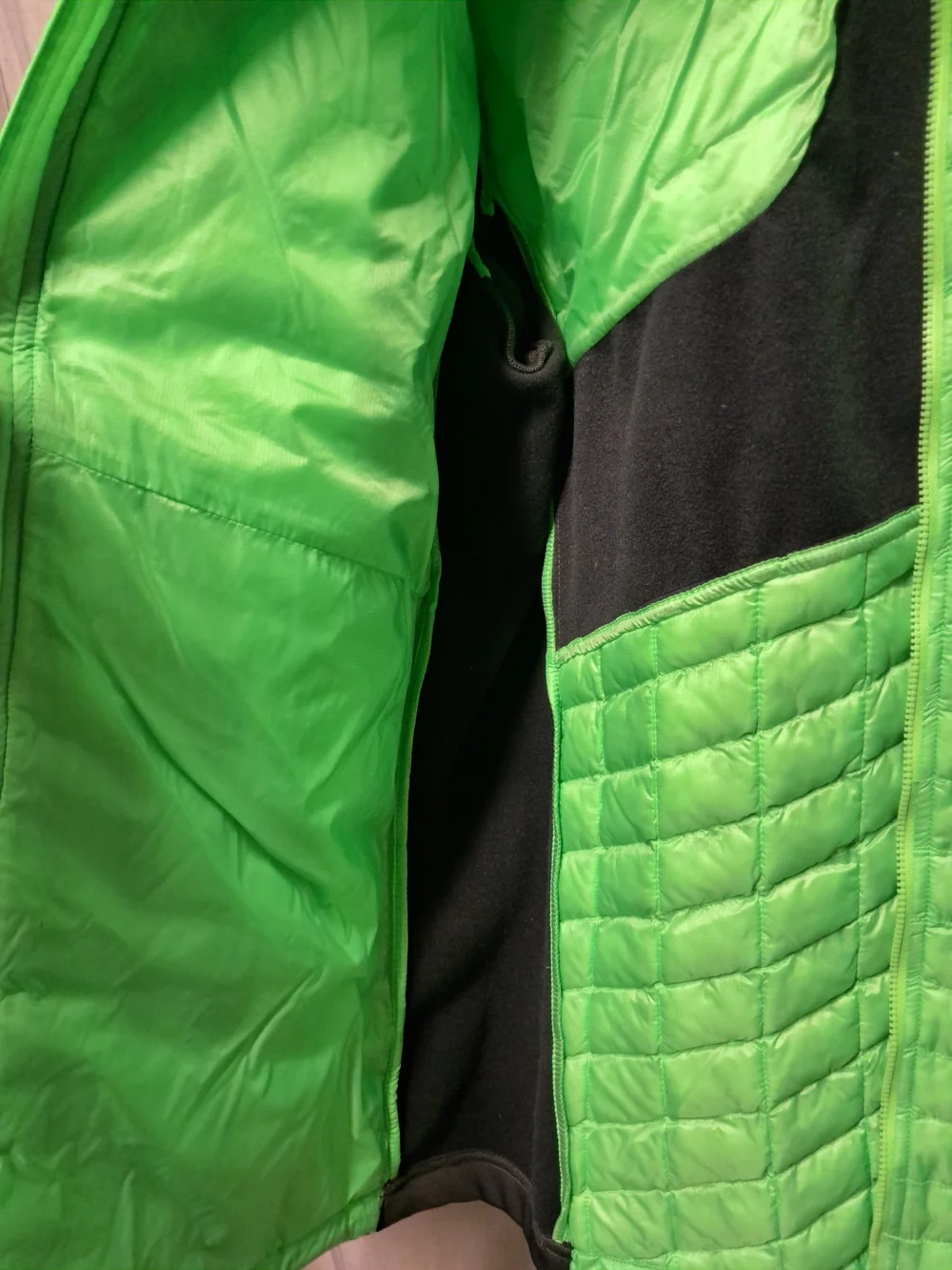 The North Face Neon Green Quilted Puffer Jacket with Charcoal Sleeves